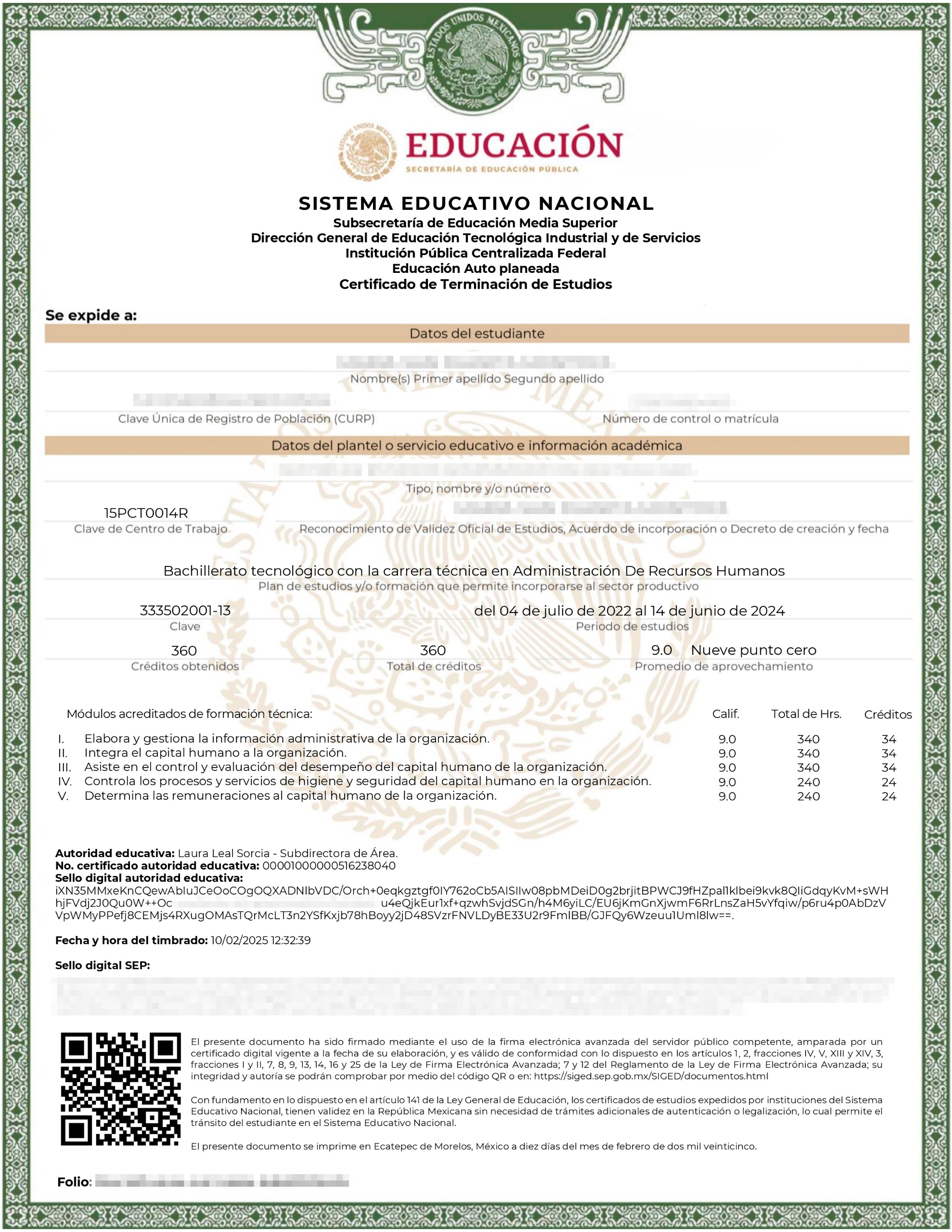 Certificado oficial SEP con QR